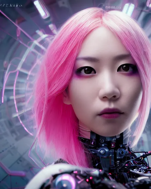 Image similar to portrait of a beautiful japanese woman with pink hair as a cyberpunk cyborg half robot, revealing wires and electronics, hooked - up, sci - fi, missing panels, intricate abstract upper body intricate artwork, concept art, octane render, deviantart, cinematic, key art, hyperrealism, iridescent accents, portrait photograph, nikon 3 5 mm, photograph by greg rutkowski