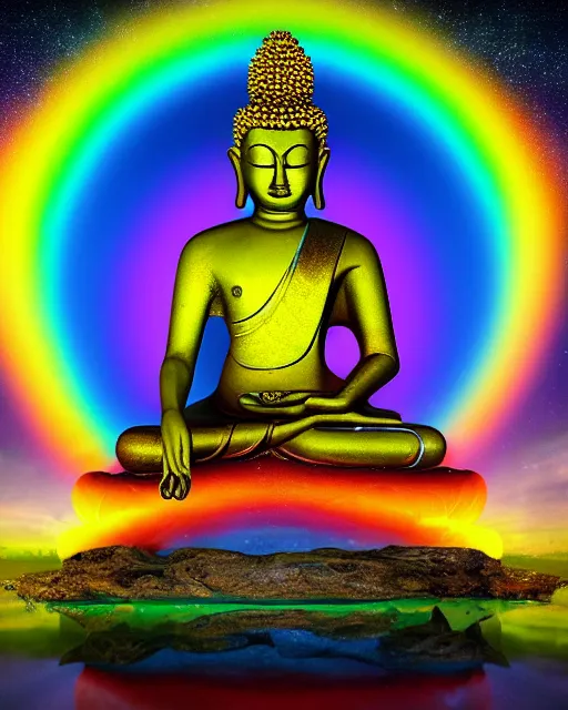 Image similar to the most beautiful star system, sky full of brightly coloured starts, inside of an expansive cave, green tara buddha with a crown of rainbow clouds, floating above a clear mirrored lake, coherent design, symmetrical, vivid color, complementary color, golden ratio, detailed, sharp lines, intricate, rainbowshift, by in unreal engine, nvidia, octane render