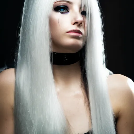 Image similar to portrait of a future cyberpunk character, beautiful female, high fashion, long white hair, stunning face, dark background and dramatic lighting, cinematic, 5 0 mm lens, low dof