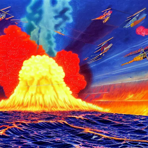 Image similar to nuclear bomb exploding in the ocean, extreme vivid colors, abstract realism, highly ornate intricate details, 1 9 2 0's colored pencil, 4 k, cinematic lighting,