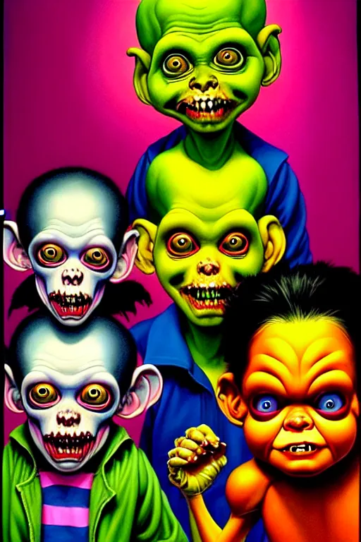 Prompt: a hyperrealistic painting of the garbage pale kids, cinematic horror by chris cunningham, lisa frank, richard corben, highly detailed, vivid color,