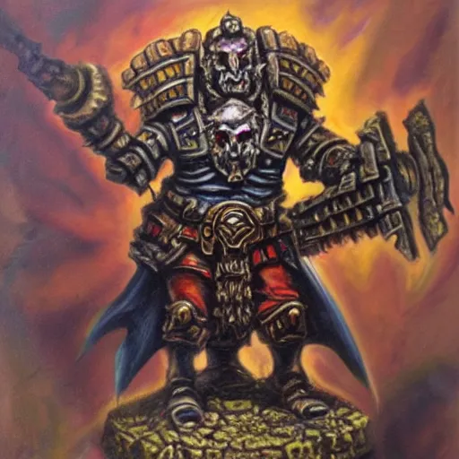 Image similar to chaos dwarf smith in the style of warhammer fantasy : : head and torso oil painting