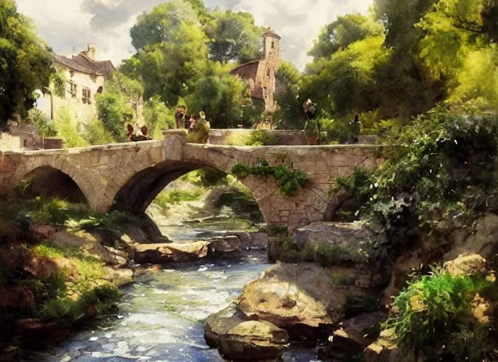 Image similar to watercolor of rustic stone bridge with mural, ivy, summer daylight, bright clear day, clouds, high detailed art by dennis miller bunker, work by anders zorn, wonderful masterpiece by greg rutkowski, beautiful cinematic light, american romanticism by greg manchess, creation by tyler edlin