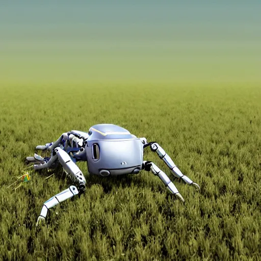 Image similar to a robot scorpion in a field surrounded by nanobots