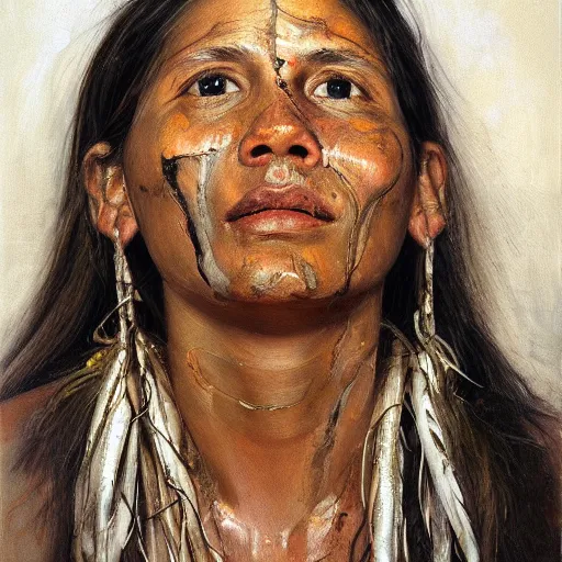 Image similar to high quality high detail painting by jenny saville, hd, a skinny beautiful indigenous woman tribe leader, photorealistic lighting