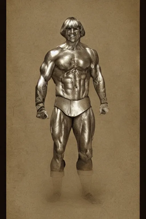 Image similar to he - man, portrait, full body, symmetrical features, silver iodide, 1 8 8 0 photograph, sepia tone, aged paper, master prime lenses, cinematic