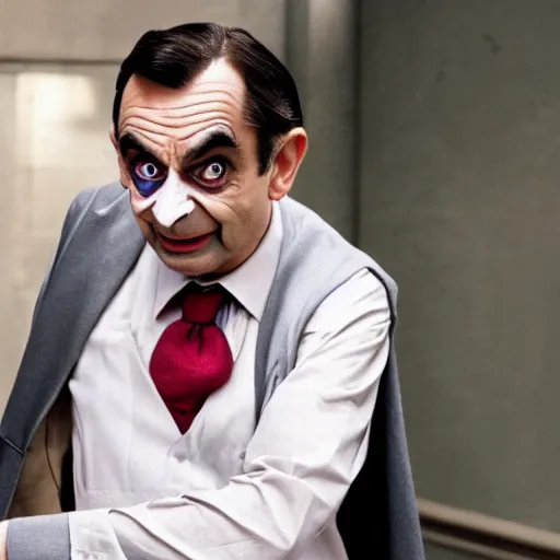 Prompt: movie still of mr bean, from joker ( 2 0 1 9 )