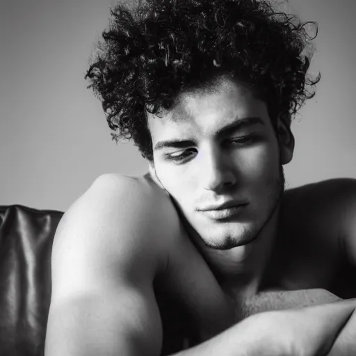 Prompt: photographic portrait of a young man, black and white, torso and head, curly hair, nostalgic, award winning photo, laying on the sofa