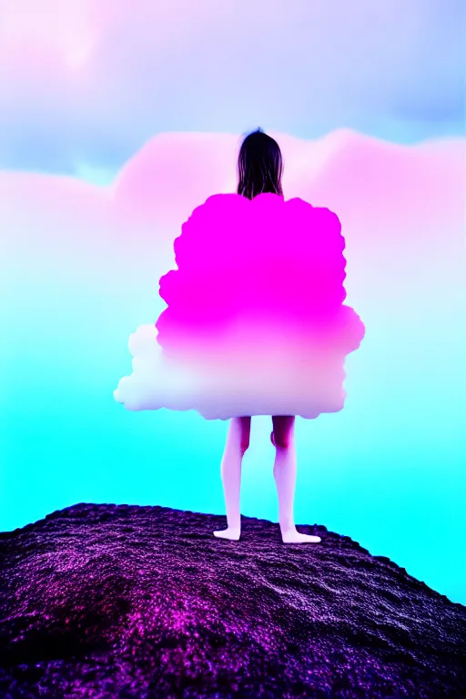 Image similar to high quality pastel coloured film close up wide angle photograph of a model wearing clothing swimming on cloud furniture in a icelandic black rock!! environment in a partially haze filled dreamstate world. three point light, rainbow. photographic production. art directed. pastel colours. volumetric clouds. pastel gradient overlay. waves glitch artefacts. extreme facial clarity. 8 k. filmic.