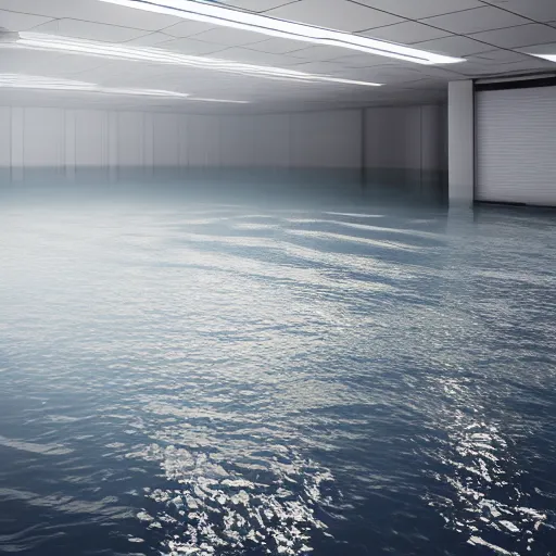 Prompt: photo of a classroom, the floor is flooded with one meter deep water. eerie, volumetric lighting