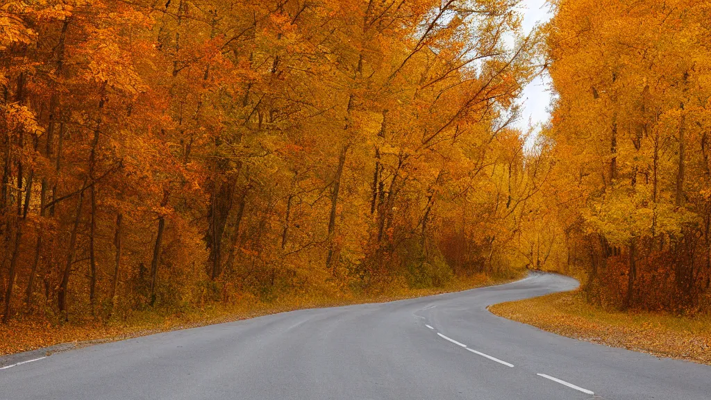 Image similar to a photograph of a country road lined on both sides by maple and poplar trees, in the autumn, red orange and yellow leaves, some leaves have fallen and are under the trees and on the road