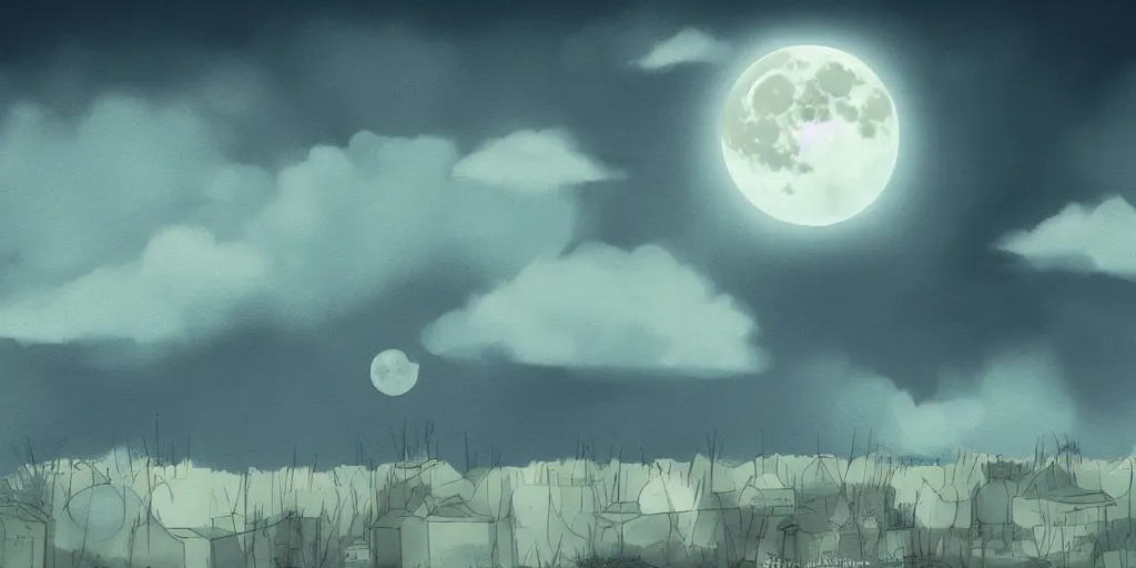 Image similar to full moon in the sky in peacefull night, lofi style scene, digital art