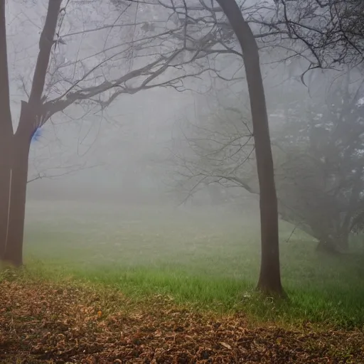 Image similar to poor neighborhood, overgrown, photo taken from a porch, fog rolling along the ground, ethereal, police lights shining off camera