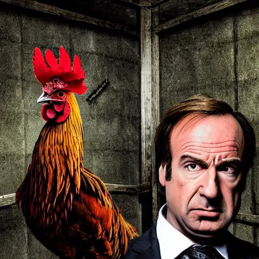 Image similar to saul goodman and a rooster in a medieval torture chamber, saw blades and knives in the background, horror movie, saul goodman, rooster, real life photo, detailed face