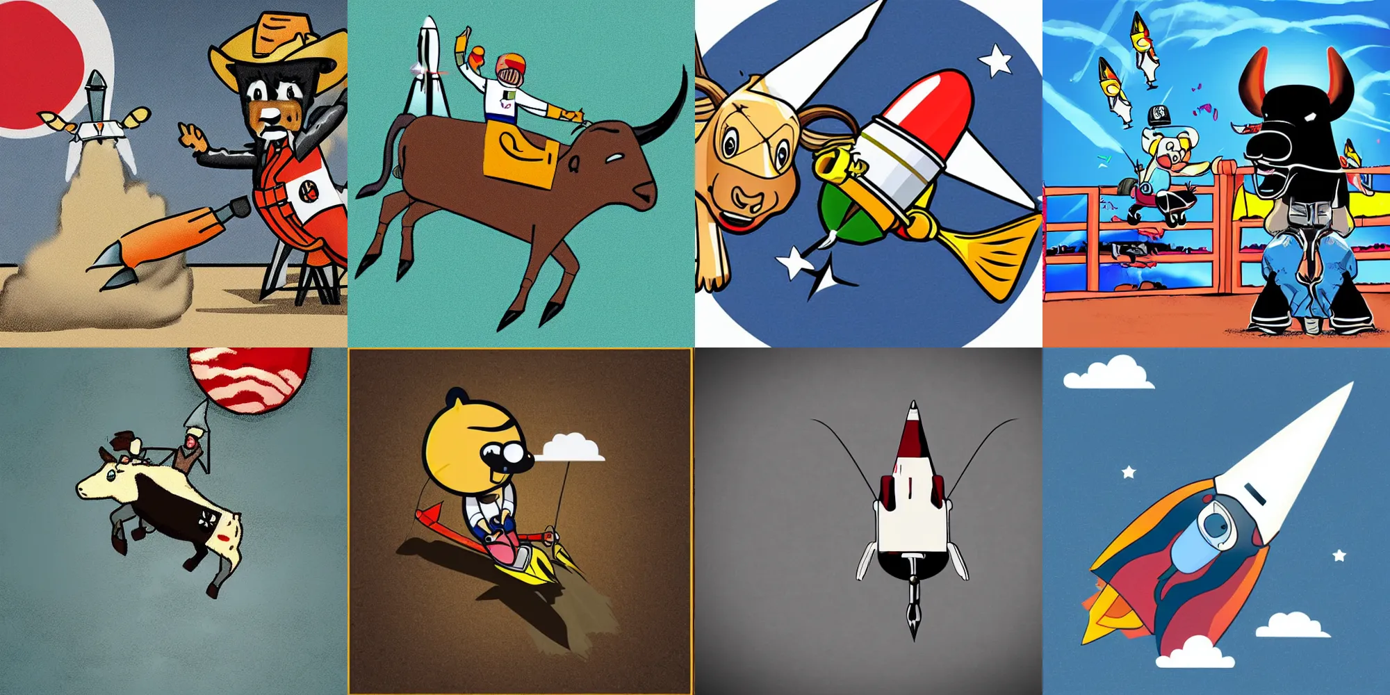 Prompt: a cartoon bull riding a rocket to the moon, cell shaded, flat lighting, drop shadows