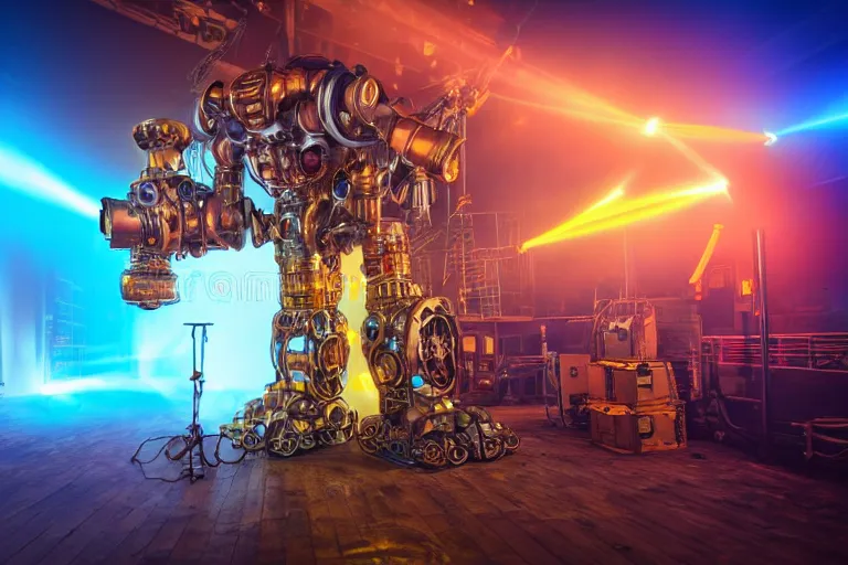 Prompt: portrait photo of a giant huge golden and blue metal steampunk robot with a fog machine, with gears and tubes, eyes are glowing red lightbulbs, shiny crisp finish, 3 d render, 8 k, insaneley detailed, fluorescent colors, background is multicolored lasershow