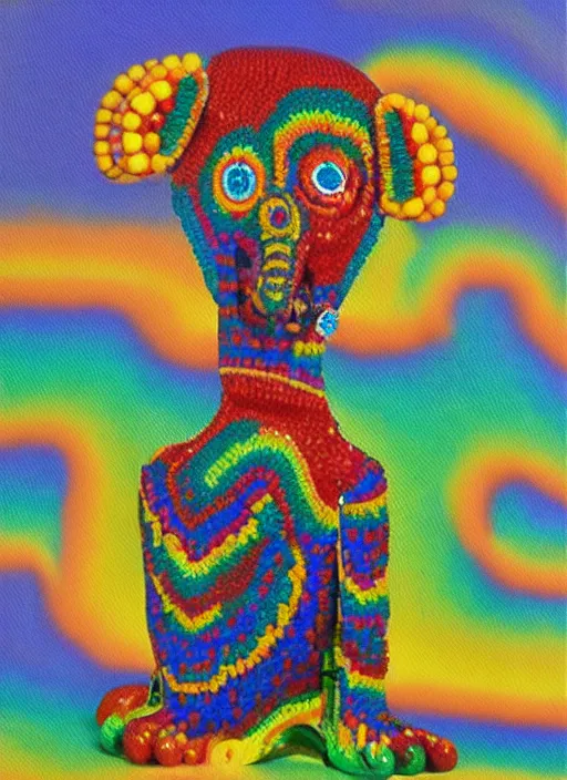 Prompt: an extremely high quality hd surrealism painting of a rainbow Huichol beaded animal figurine by a much more skilled version of kandinskypicasso and salvia dali the fourth, 8k, clear shapes, defined edges, ultra realistic, super realistic,