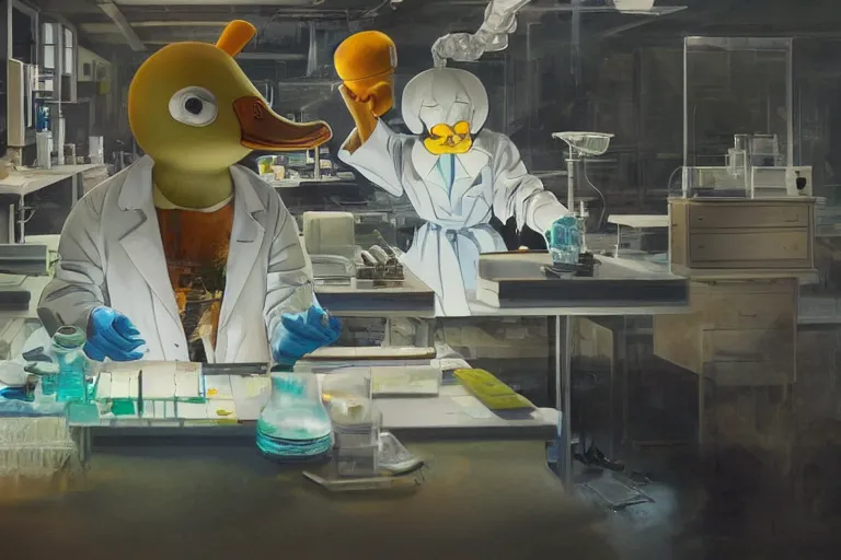 Prompt: A mixed media painting of a genetically-modified scientist-duck working in a pcr and microbiology lab, by Frank Frazetta, Greg Rutkowski, Beeple, Studio Ghibli, kawaii, post-processing, low angle, masterpiece, cinematic, isometric, volumetric lighting