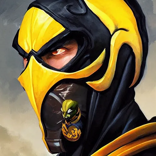 Image similar to greg manchess portrait painting of scorpion from mortal kombat as overwatch character, medium shot, asymmetrical, profile picture, organic painting, sunny day, matte painting, bold shapes, hard edges, street art, trending on artstation, by huang guangjian and gil elvgren and sachin teng