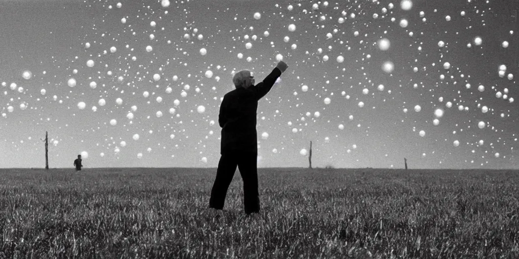 Prompt: an old man in a field looking at multiverse bubbles in the sky, scene from a stanley kubrick movie, in c