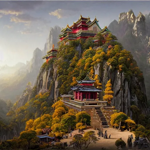 Image similar to a beautiful and highly detailed matte painting of a colorful yet humble buddhist temple and fort built of large stones in the distance high in the most epic mountains ever, intricate details, epic scale, insanely complex, 8 k, sharp focus, hyperrealism, very realistic, by caspar friedrich, greg rutowski, james gurney, hudson river school