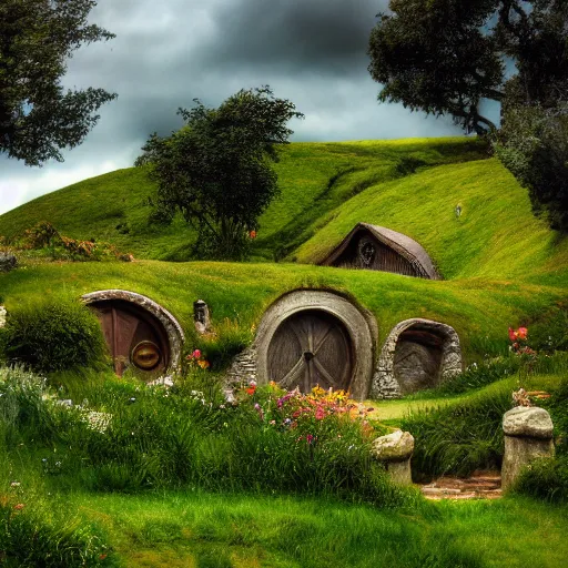 Prompt: Hobbiton from lord of the rings landscape, the hobbit landscape, lord of the rings, the shire, green fields, rolling hills, hobbit homes, landscape photography, lotr atmosphere, 8k, photo realism, beautiful