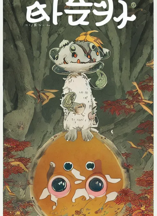 Image similar to a beautiful japanese magazine cover of a cute strange animal, illustrated by miyazaki, highly detailed, concept art, trending, poster