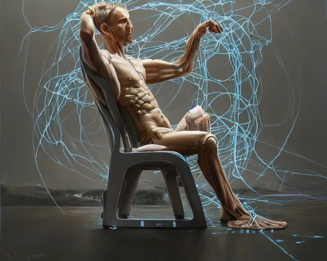 Prompt: a hyperrealistic painting of a human cyborg sitting in a chair with limbs stretched out, tied with electrical cables connected to supercomputers, flood of images flowing from his head, tesseract, vitruvian man, by daniel gerhartz, trending on artstation, concept art, insane details, zoomed out