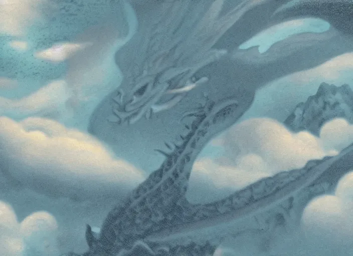 Image similar to a bumpy speckled matte painting pleasing - palette roaring dragon, close - up, pleasing palette, made out of idyllic nebulous clouds sophisticated detailed pastel dragon from scenery fantasia ( 1 9 4 1 )