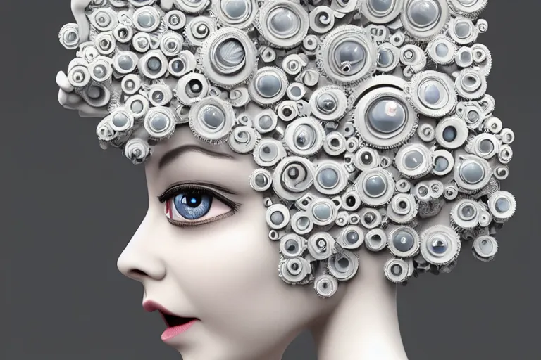 Prompt: 3 d full head and shoulders beautiful white porcelain woman with big eyeballs all through her hair, ornate detailed hair, 3 d swirling hair by theodor seuss geisel and daniel arsham and xiang duan, simon stalenhag john waters, dr seuss kim jung gi, on a white background