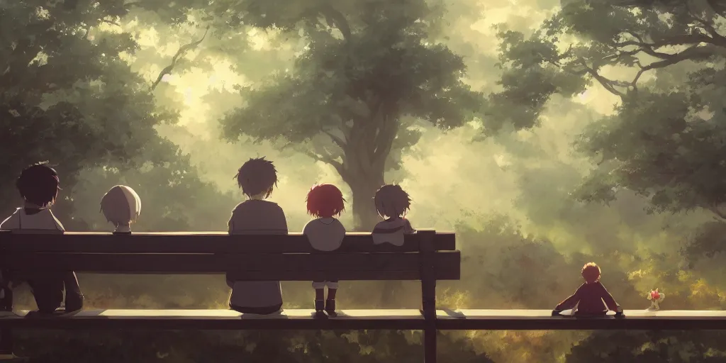 Image similar to a family with sorrow faces sitting on a bench, close up shot, anime art, Greg Rutkowski, studio ghibli, dramatic lighting