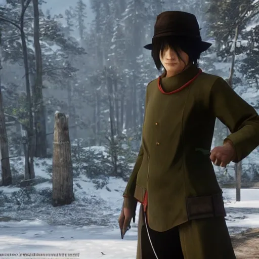 Image similar to toph beifong in red dead redemption 2, blind, character render, full body shot, highly detailed, in game render