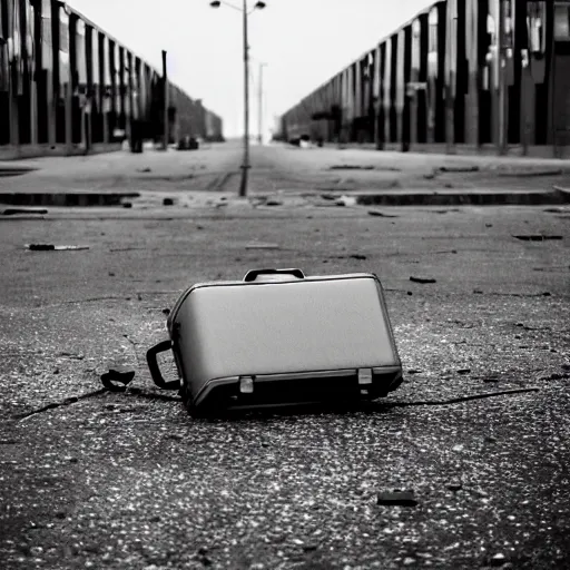 Prompt: Shot from below, of a ransacked empty luggage left on the ground, in a town filled with pale yellow mist. Dystopian. End of the world. Depth of field. Film grain. Award-winning photo. Sigma 40mm f/1.4 DG HSM