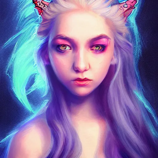 Prompt: The dragon girl portrait, portrait of young girl half dragon half human, dragon girl, dragon skin, dragon eyes, dragon crown, blue hair, long hair, highly detailed, cinematic lighting, digital painting by David Lynch