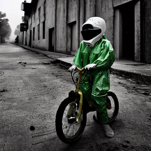 Image similar to a photo of a boy wearing a hazmat suit, riding a bike, side-view, smoke in the background, filthy streets, broken cars. Vines growing. Jpeg artifacts. Full-color photo. Color color color color color. Award-winning photo. Samyang/Rokinon Xeen 50mm T1.5