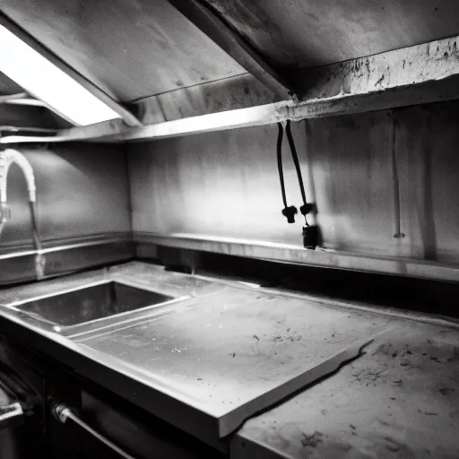 Prompt: underexposed photography, dark underground kitchen