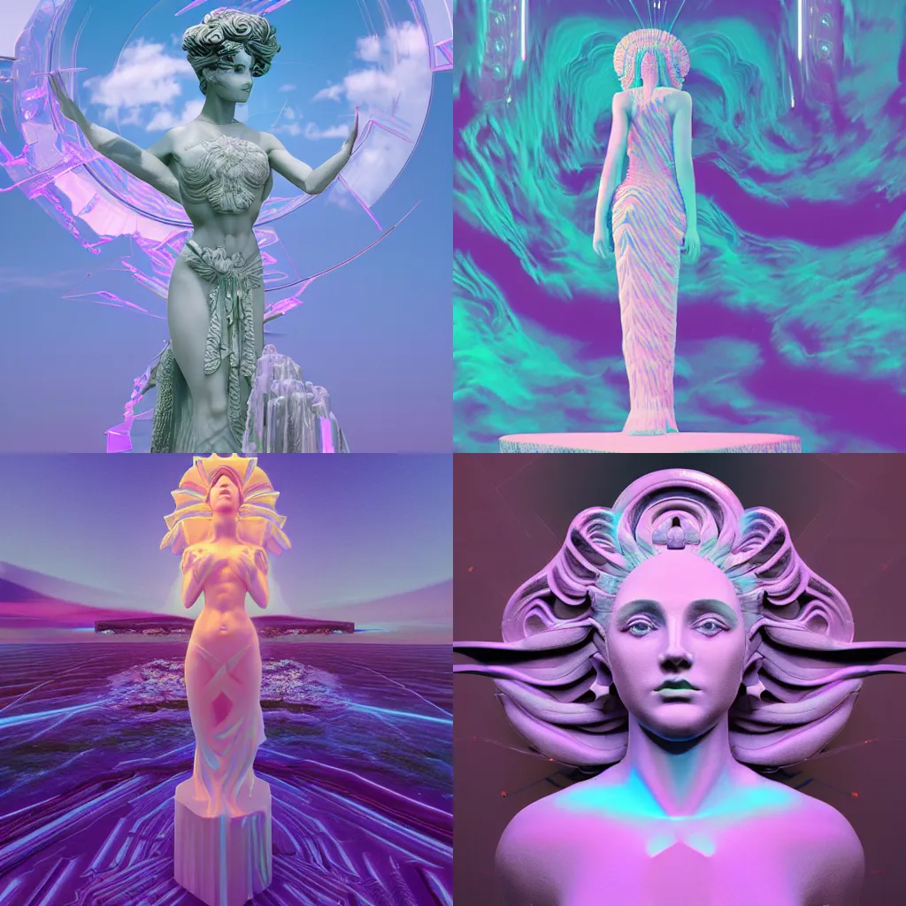 Prompt: a vaporwave goddess statue, deviant artstation surreal and pristine, by beeple, glitch art, insane warped multiple plan perspectives, fractal, crystalized time warps, trending on 8k