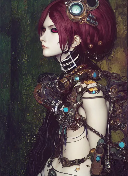 Image similar to portrait of beautiful young gothic maiden, cyberpunk, Warhammer, highly detailed, artstation, illustration, art by Gustav Klimt and Range Murata and Ilya Kuvshinov