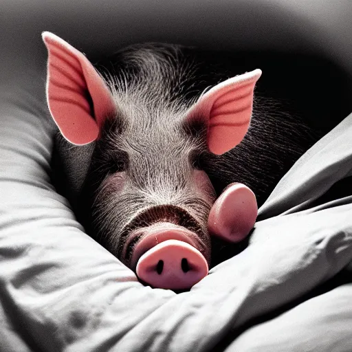 Image similar to hyper realistic image of a pig sleeping in his bed it night