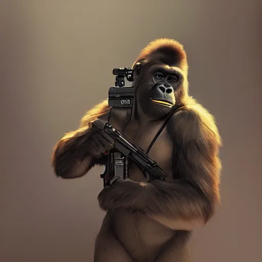 Image similar to detailed science - fiction character portrait of a gorilla with a gun, wild, highly detailed, digital painting, artstation, concept art, smooth, sharp focus, illustration, art by artgerm and greg rutkowski and alphonse mucha