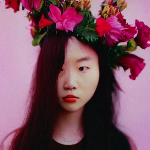 Image similar to extra close-up, color film photography, portrait of a beautiful woman with flowers on her head, in style of ren hang, 35mm, film photo