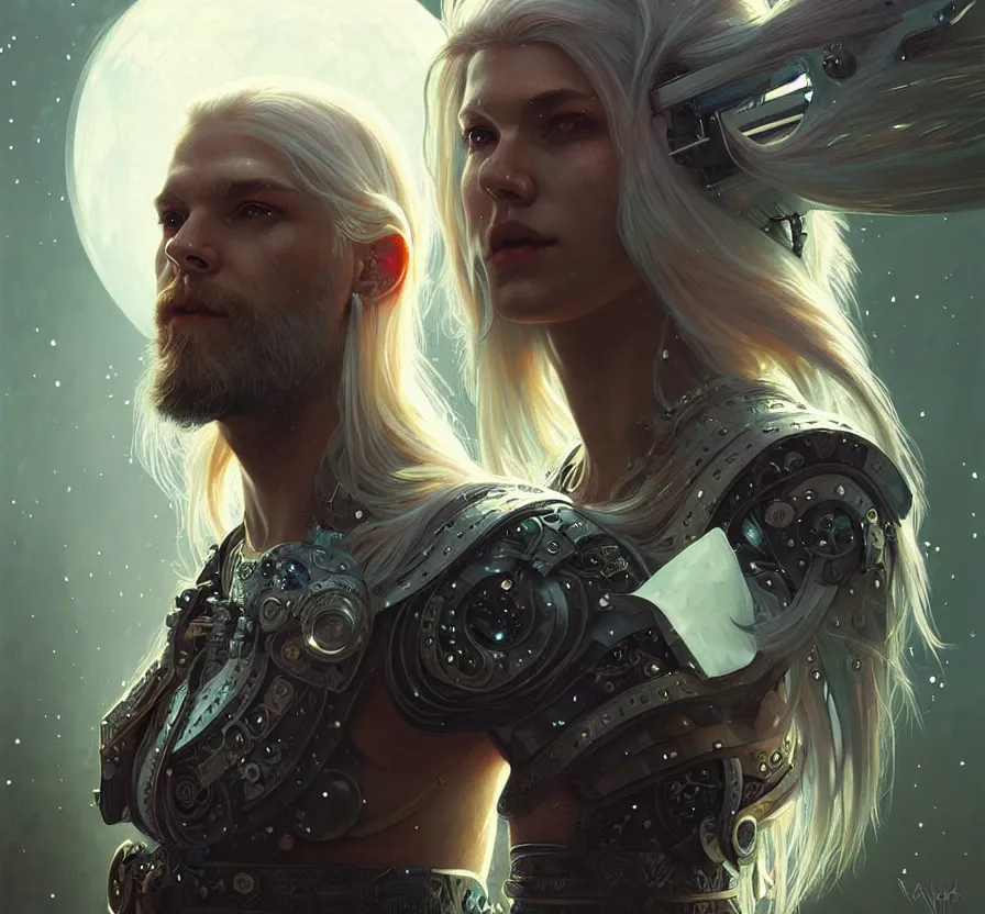 Image similar to cyberpunk viking with white hai, face, sci - fi, metal skin, constellation geometry,, forest background, elegant, highly detailed, digital painting, artstation, concept art, smooth, sharp focus, spiritual art, art by artgerm and greg rutkowski and alphonse mucha, psychedelic, illustration,