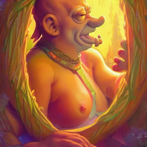 Image similar to ultra realistic illustration of magical homer simpson, forest, fantasy, colorful lights, intricate, elegant, highly detailed, digital painting, artstation, concept art, smooth, sharp focus, illustration, art by artgerm and greg rutkowski and alphonse mucha homer!!! simpson!!!