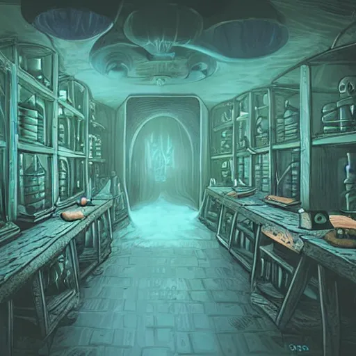 Image similar to real photo of lovecraftian secret cellar with aliens in jars and operating table