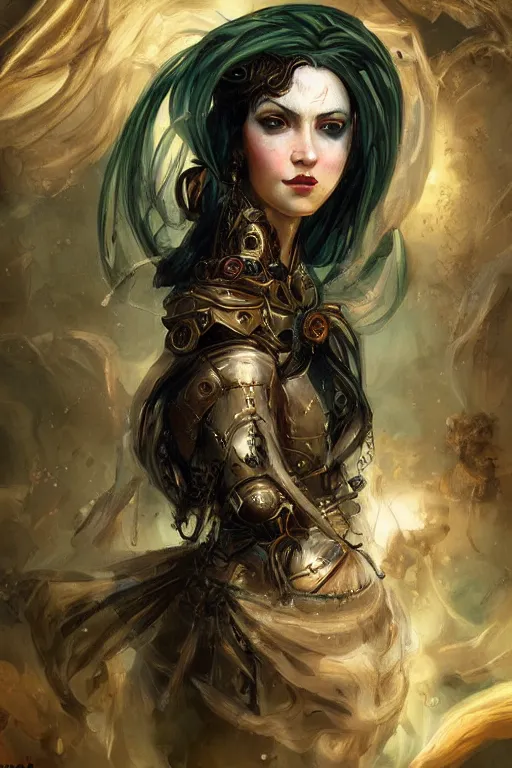 Image similar to portrait, headshot, digital painting, of a 17th century, beautiful, wicked, cyborg merchant girl, dark hair, amber jewels, baroque, ornate dark green clothing, scifi, futuristic, realistic, hyperdetailed, concept art, art waterhouse