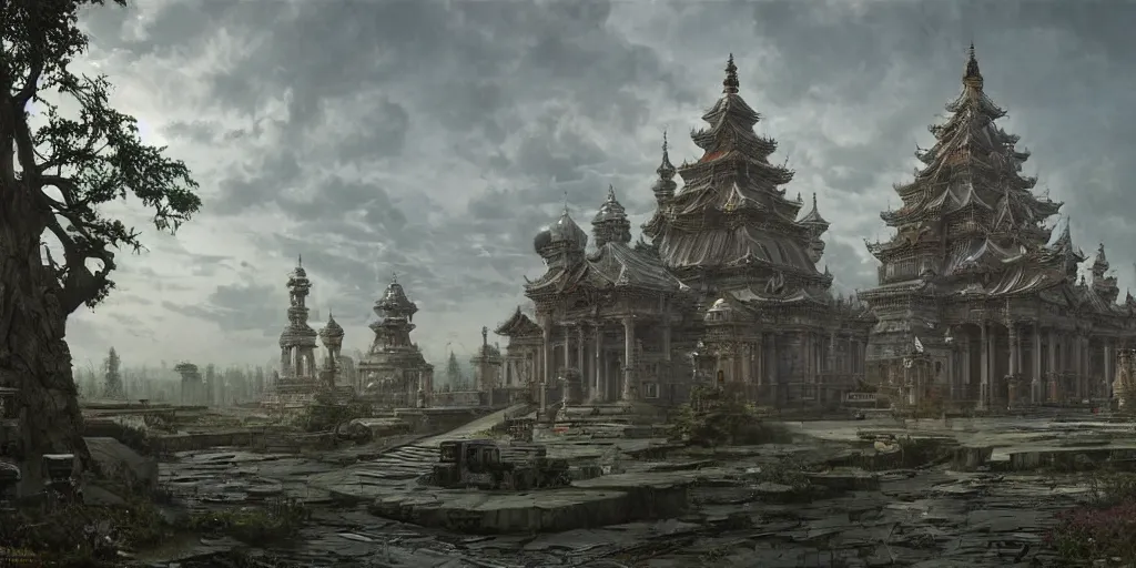 Prompt: a cyberpunk style temple, by ivan shishkin, by james gurney, detailed, atmospheric, 8 k