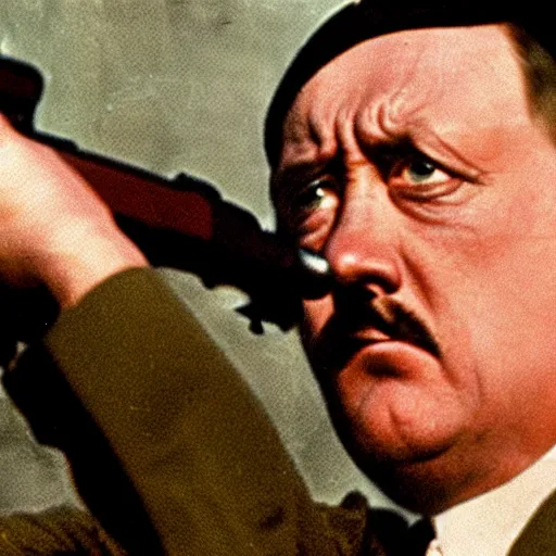 Image similar to hitler pointing a gun to his head while crying, close - up shot