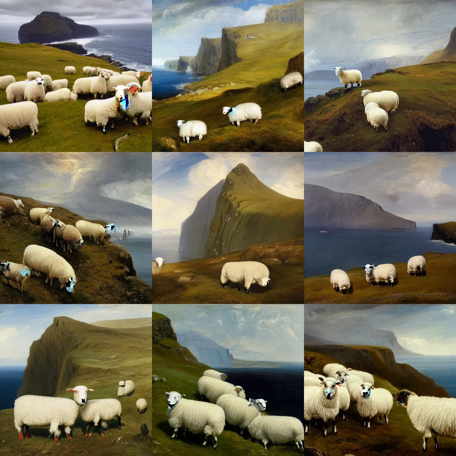 Prompt: faroese landscape. a cliff in the left background. white sheep in the foreground. the sheep look away. by william turner