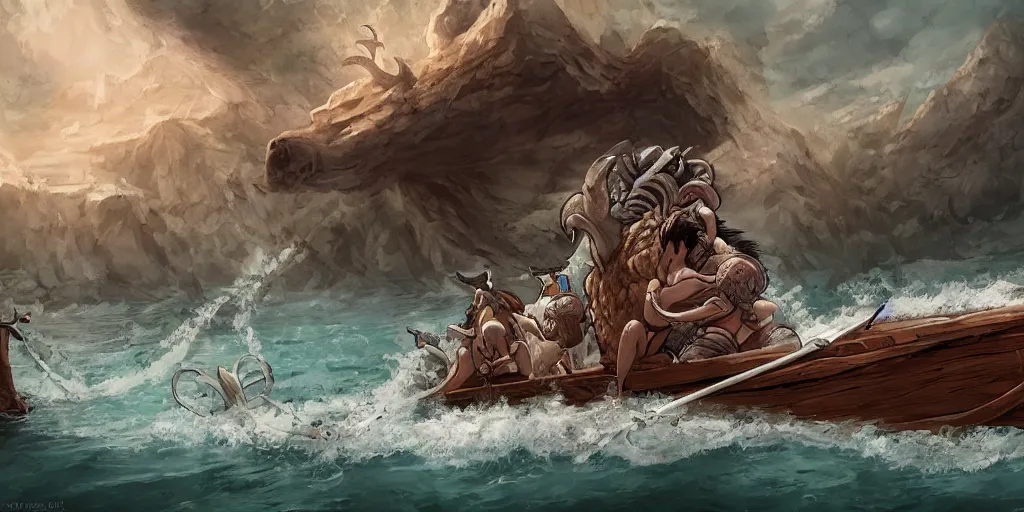 Image similar to Minotaur in a Boat, by Caza, studio ghibli, cinematic lighting, intricate, highly detailed, digital painting, trending on artstation, Illustration, epic scale