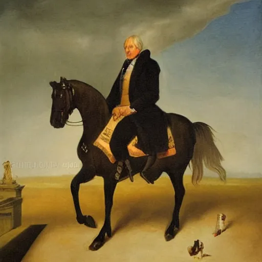 Prompt: an epic painting of hegel standing on a street, seeing napoleon ride by on a horse, oil on canvas,
